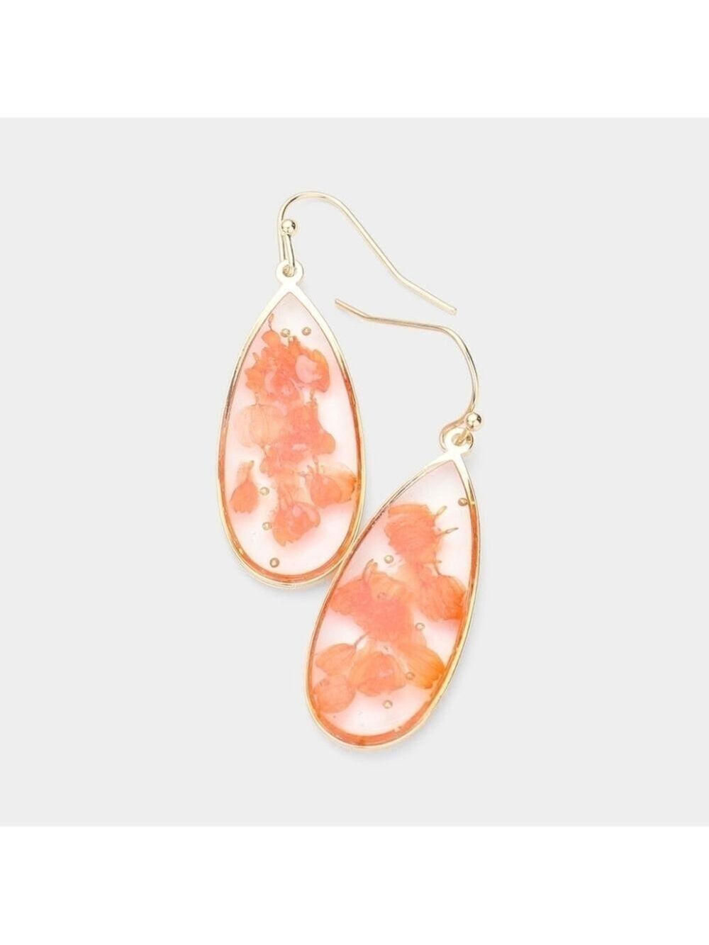 NEW Boho Orange Brass Floral Clear Lucite Oval Earrings
